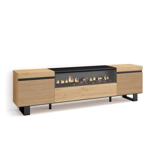 Meuble Tv | Banc Télé | Grand Espace De Rangement | 200x57x35cm | Pour Les Tv Jusqu'à  80'' | Cheminée àlectrique | Design Industriel | Style Moderne | Chêne