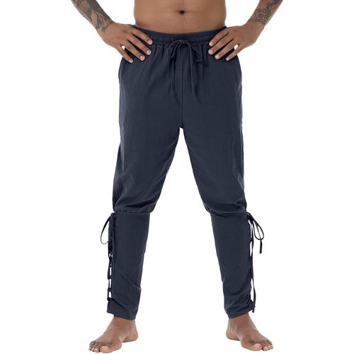Tzf-Pantalon Medieval Homme En Coton Et Lin Costume Médiéval Viking Été Pirate Pants Men Avec Cordon Taille Elastique