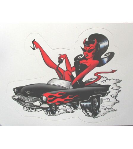 Sticker Diablesse Rouge Et Cadillac Noire 9x7cm Autocollant Font Blanc