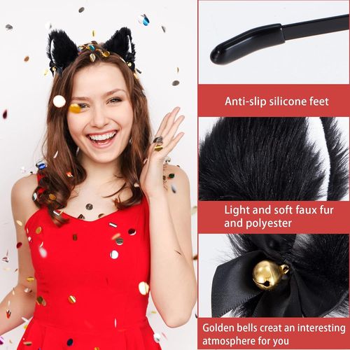 Tzf-Oreille De Chat Serre Tete, Bandeau Oreilles De Chat + Choker Avec Cloche, Chat Bandeau Accessoires Cheveux De Déguisement Pour Femmes Filles Fête Halloween Anniversaire Cosplay Noir