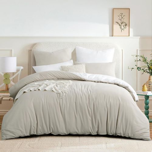 Tzf-Parure De Lit Réversible 220 X 240 Cm - Beige Et Blanc - Housse De Couette 220 X 240 Cm - Avec Fermeture Éclair - En Microfibre Oeko-Tex - Douce Et Infroissable