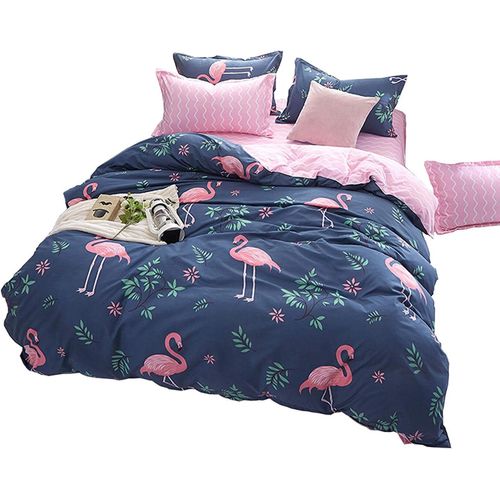 Tzf-Parure De Lit Flamant Rose Et Bleu,Avec Housse De Couette Et 1 Taie D'oreiller,2 Pièces,155x220 Cm + 80x80 Cm,En Polyester Doux Et Respirant,Avec Fermeture Éclair,Flamant Rose Tropical