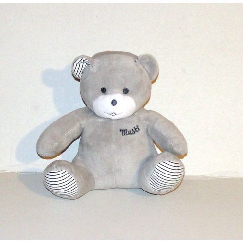 Doudou Peluche Ours Assis Gris Rayé - Mustela - Musti