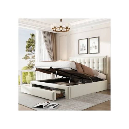 140*200 Lit Rembourré Avec 2 Tiroirs, Sommiers À Lattes, Velours, Beige