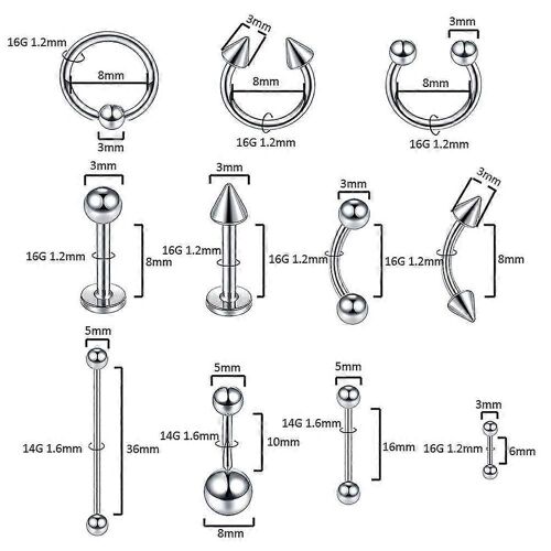 70pcs Piercing Kit Acier Inoxydable Opale Lèvre Nez Langue Tragus Cartilage Sourcil Ventre Anneaux Piercing Bijoux
