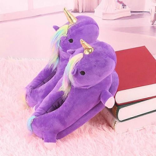 Chaussons Licorne, Chaussons D'hiver En Peluche, Chauds, Antidérapants, Antichocs, Doux Et Moelleux, En Coton, Pour Femmes Et Adultes, Pointure 3/4, Violet