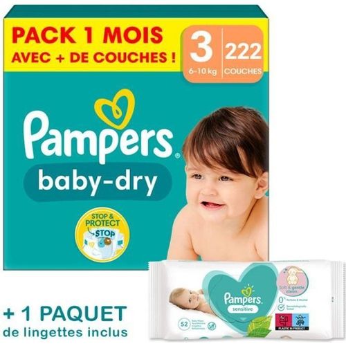 Couches Pampers Baby-Dry Taille 3 - Pack 1 Mois 222 Couches