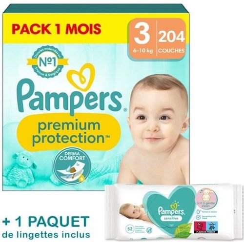 Couches Pampers Premium Protection Taille 3 - Pack 1 Mois 204 Couches
