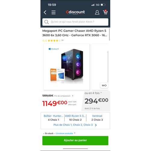 PC GAMER AMD Ryzen 5-3600 - 3.60 Ghz - Ram 16 Go - DD 1 To