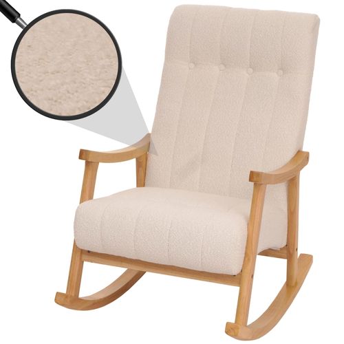 Fauteuil À Bascule Hwc-K10, Fauteuil Relax, Bois Mvg Tissu/Textile Bouclé (450g/M²)   Crème, Piètement Naturel