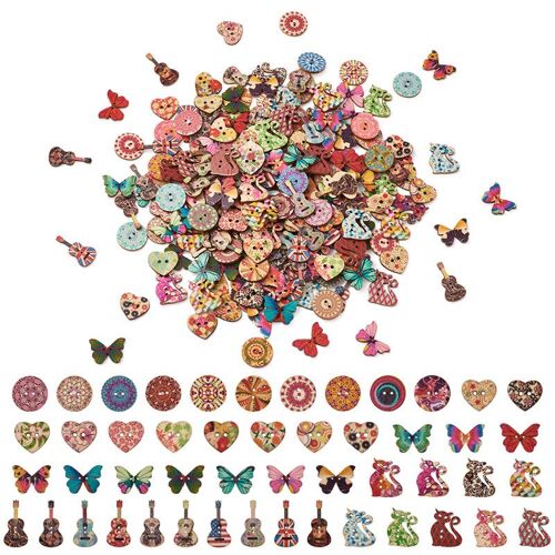 Boutons En Bois De Formes Mixtes Imprimés, 2 Trous, Pour Couture, Tricot, Décoration Diy, Résultats Assortis, 300, Pièces/Ensemble 9109-May14a32093