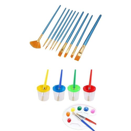 Pinceaux À Peinture En Nylon À Poignée Bleue 10 Pièces Et 9 Pièces, Jeu De Gobelets De Peinture Sans Déversement Avec Pinceaux Et Palette De Plateau D 9109-May14a26299