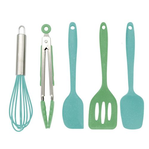 Fackelmann 44737 Set De 5 Ustensiles De Cuisine Et De Pâtisserie Pour Enfants, Ustensiles De Cuisine En Silicone, Ustensiles Pour Enfants, Silicone, Vert, Bleu, Environ 21 Cm