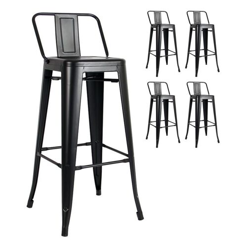 KOSMI - Lot de 4 Tabourets de bar en métal noir mat avec petit dossier, chaises de bar ou Tabourets métal hauteur 76cm parfait pour table de 100 cm et plus