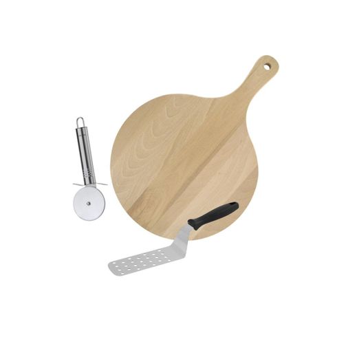 Fackelmann 9999450 Ensemble De 3 Ustensiles Pour Pizzas, Pelle À Pizza, Planche Ronde À Pizza Et Roulette À Pizza, Acier Inoxydable, Plastique, Bois, De 18,5 À 34 Cm