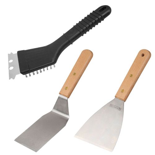 Fm Professional 9982850 Ensemble De 3 Ustensiles Professionnels Pour Plancha, Racloir, Spatules, Acier Inoxydable, Bois De Hêtre, Plastique, Inox, Bois, Noir, Longueur De 22 Cm À 27,5 Cm