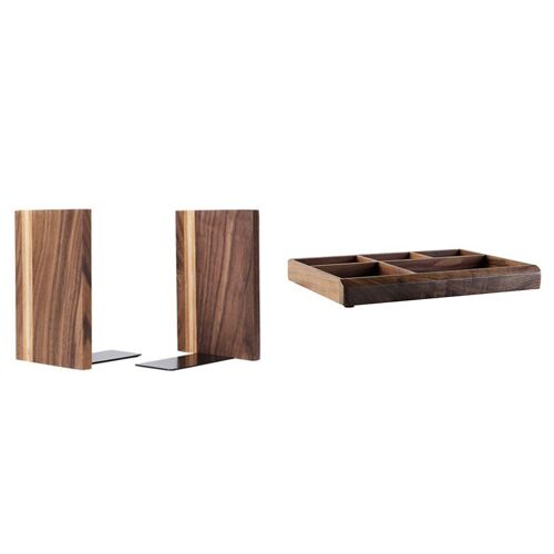 2Pcs Serre-Livres En Bois Avec Base En Métal Support De Livre Et 1 Pcs Noyer Noir Boîte De Rangement De Bureau En Bois Boîte À Débris 9109-May14A25956