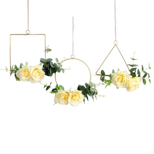 Couronne En Forme De Cercle Floral, 3 Pièces, Guirlande Suspendue, Roses Et Feuilles Artificielles En Soie, Anneau En Métal Avec Lumière Led Pour Déco 9109-May14A26547