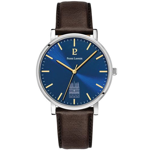 Montre Homme Coeur Battant Argenté Cadran Bleu Bracelet Cuir Brun 20 Mm
