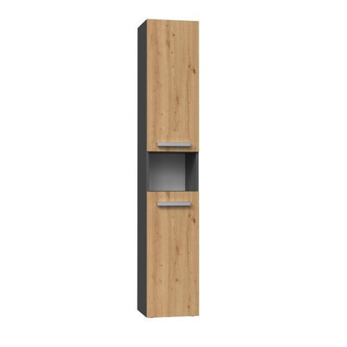 HORTI - Meuble salle de bain avec panier à linge - 31x30x174 cm - Colonne rangement SDB - Gris&Chêne