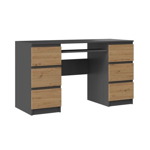 BARI - Bureau informatique - Bureau d'ordinateur - 6 Tiroirs + Support clavier coulissant - Mobilier de bureau - Gris&Chêne