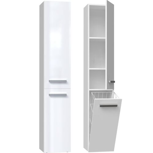 YANA - Meuble salle de bain avec panier à linge - 31x30x174cm - Colonne rangement SDB - Blanc