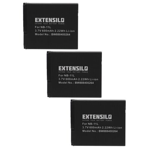 EXTENSILO 3x Batteries compatible avec Canon IXUS 132, 135, 125, 130, 127, 133, 137, 125 HS appareil photo, reflex numérique (600mAh, 3,7V, Li-ion)