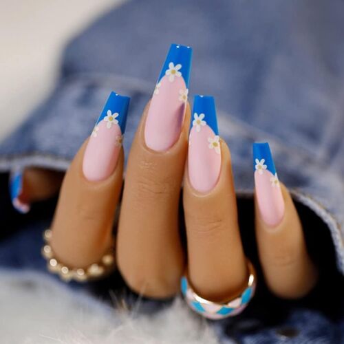 Faux Ongles French Bleu Brillant À Coller - Style Ballerine Cercueil Long, 24 Faux Ongles En Acrylique Résistants, Ajustement Parfait Et Application Facile 