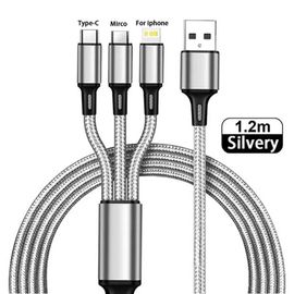 MAOYYE 3 en 1 chargeur USB câble de charge rapide Type C Micro IOS câble de chargeur multiple pour iPhone Huawei Samsung cordon tressé en Nylon-1.2m-Silver