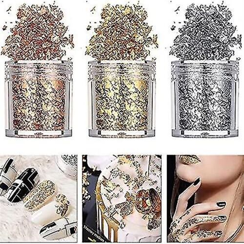 Lot D'autocollants 3d Pour Nail Art - Imitation Feuille D'or, D'argent Et De Cuivre Pour Créations D'ongles Et Loisirs Créatifs - 3 Flacons