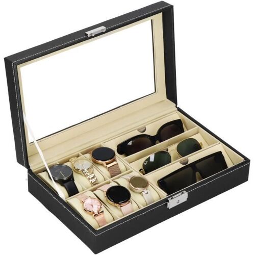 Ecrin - Springos - Noir - 6 Compartiments Montres - 3 Compartiments Lunettes - Chic