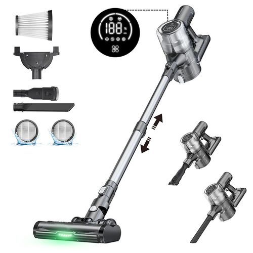 Proscenic P13 - Aspirateur sans fil, aspiration 35 Kpa, aspirateur balai avec lumière verte, affichage LED, poubelle de 1,2 L, brosse à rouleau anti-emmêlement, système de filtration à 5 couches