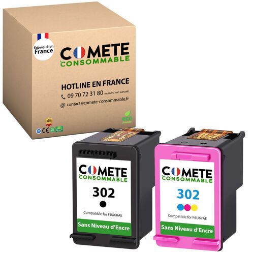 COMETE - 302 Pack de 2 cartouches compatibles HP 302 sans affichage du niveau d'encre Noir + Couleur - COMETE CONSOMMABLE