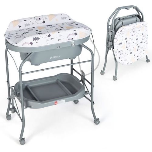 Costway Table À Langer Bébé Avec Baignoire 20l 4 En 1 Pliante 4 Roues,Tuyau 1m,Plateau De Rangement Coussin Pvc Imperméable,35 Kg