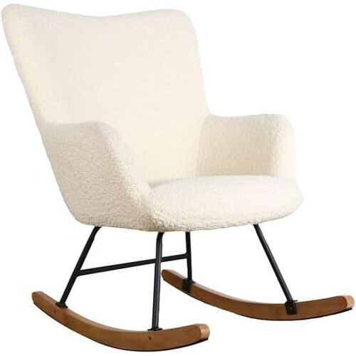 Fauteuil à Bascule , Rocking Chair, Tissu Bouclette écru, Effet Peau de Mouton, Structure en métal et piètement en Bois d'hévéa