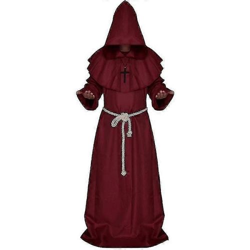 Renaissance Frère Médiéval À Capuchon Moine Prêtre Robe Cape Cloak Costume D'halloween-Rouge-Adulte-S-Unisexe