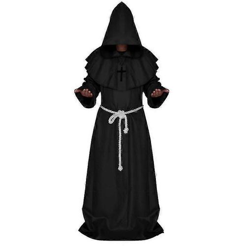 Renaissance Frère Médiéval À Capuchon Moine Prêtre Robe Cape Cloak Costume D'halloween-Noir-Adulte-L-Unisexe