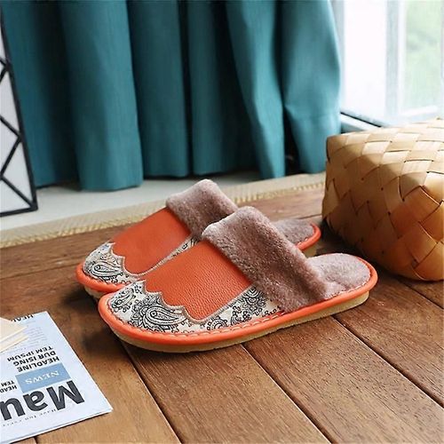 Pantoufles En Mousse À Mémoire De Forme Floue Pour Femmes Chaussures De Maison D'hiver En Cuir Moelleux Intérieur Et Extérieur-Orange-Adulte-Taille 28 Femme-Unisexe
