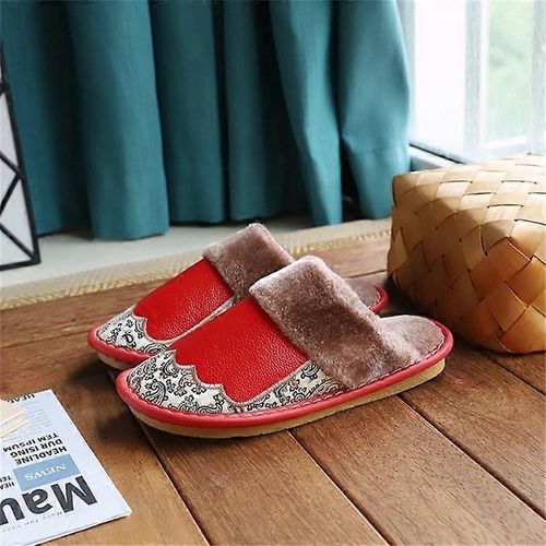 Pantoufles En Mousse À Mémoire De Forme Floue Pour Femmes Chaussures De Maison D'hiver En Cuir Moelleux Intérieur Et Extérieur-Rouge-Adulte-Taille 27 Femmes-Unisexe