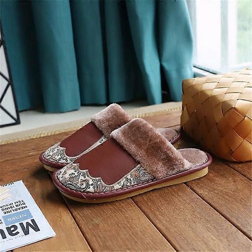 Pantoufles En Mousse À Mémoire De Forme Floue Pour Femmes Chaussures De Maison D'hiver En Cuir Moelleux Intérieur Et Extérieur-Vin Rouge-Adulte-Taille 26 Femmes-Unisexe