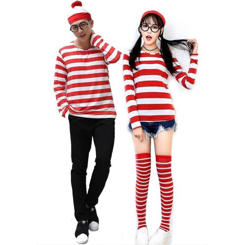 Où Est Waldo Maintenant Rayures Rouges Et Blanches Costume De Cosplay Homme Adulte T Shirt Pull + Chapeau + Lunettes Pour Noël Costume De Fête D'halloween-Femmes-Adulte-Xxl-Unisexe