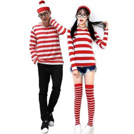 Où Est Waldo Maintenant Rayures Rouges Et Blanches Costume De Cosplay Homme Adulte T Shirt Pull + Chapeau + Lunettes Pour Noël Costume De Fête D'halloween-Femmes-Adulte-Xxl-Unisexe