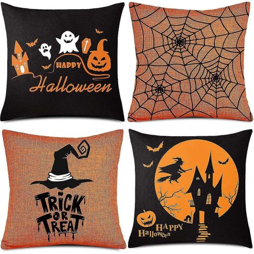 4 Pièces Housse D'oreiller Halloween, Housse D'oreiller Orange Et Noire, Happy Halloween Lin Canapé-Lit Jeter Coussin Housse Décoration (18 X 18)
