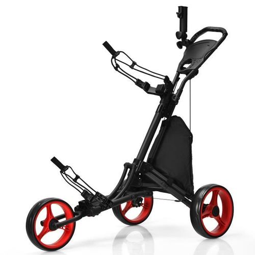 Costway Chariot De Golf Pliable À 3 Roues Sangle Elastique,Porte-Parasol Réglable Et Porte-Gobelet Sac Recouvert D'aluminium Rouge