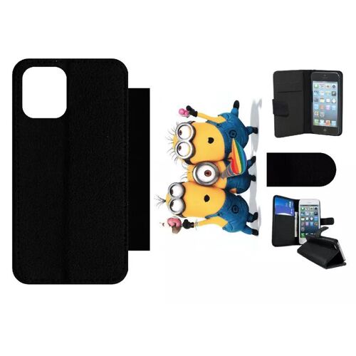 Etui À Rabat Pour Iphone 12 Mini - Les Minions Font La Fête - Simili-Cuir - Noir