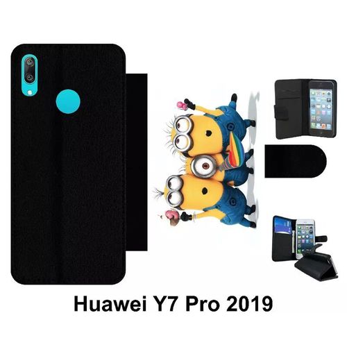 Etui À Rabat Pour Huawei Y7 Pro - Les Minions Font La Fête - Simili-Cuir - Noir