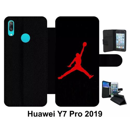 Etui À Rabat Pour Huawei Y7 Pro - Jordan 23 Logo Rouge - Simili-Cuir - Noir