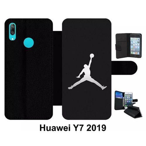 Etui À Rabat Pour Huawei Y7 - Michael Jordan Logo Gris - Simili-Cuir - Noir