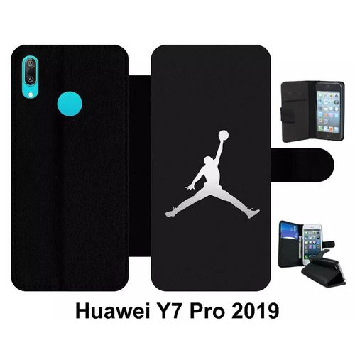 Etui À Rabat Pour Huawei Y7 Pro - Michael Jordan Logo Gris - Simili-Cuir - Noir