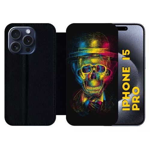 Etui À Rabat Pour Iphone 15 Pro - Tete De Mort En Lumiere - Silicone - Noir